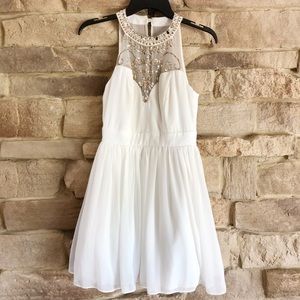 High neck white and gold jeweled hoco dress
